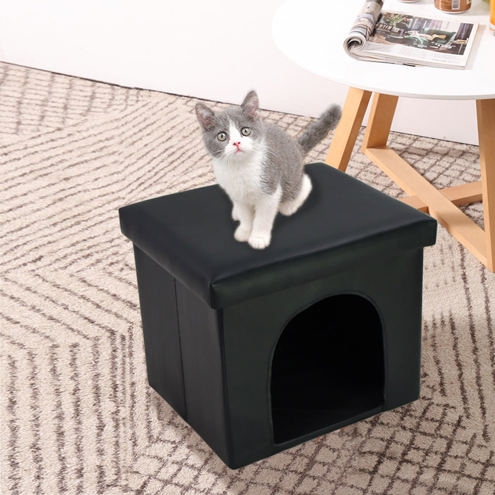 KKTONER Faux Leather Foldable Storage Ottoman Cuboid Cat House Toy Box Chest Foot Stool Folding Stool 14" x12'' x12''