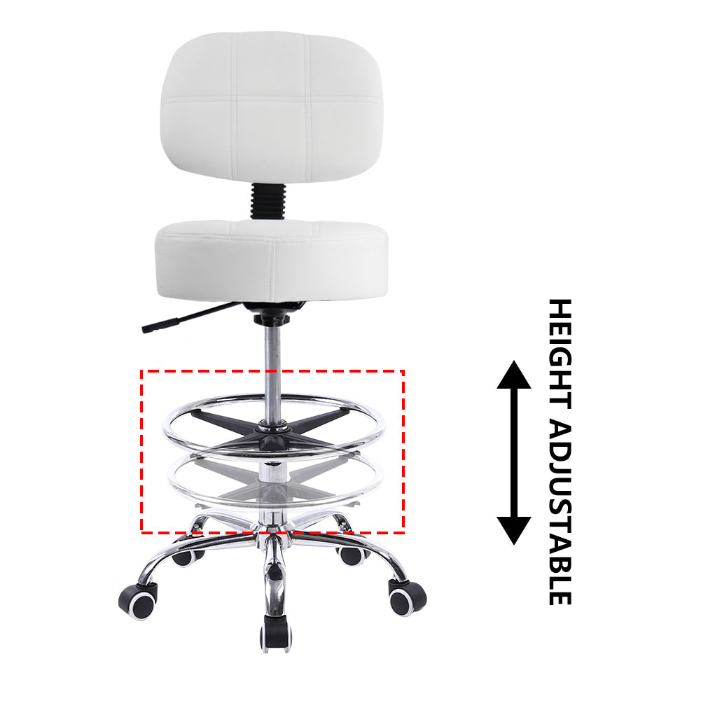 KKTONER Swivel Round Rolling Stool PU Leather with Adjustable Footrest Height Adjustable Task Work Drafting Chair with Back White