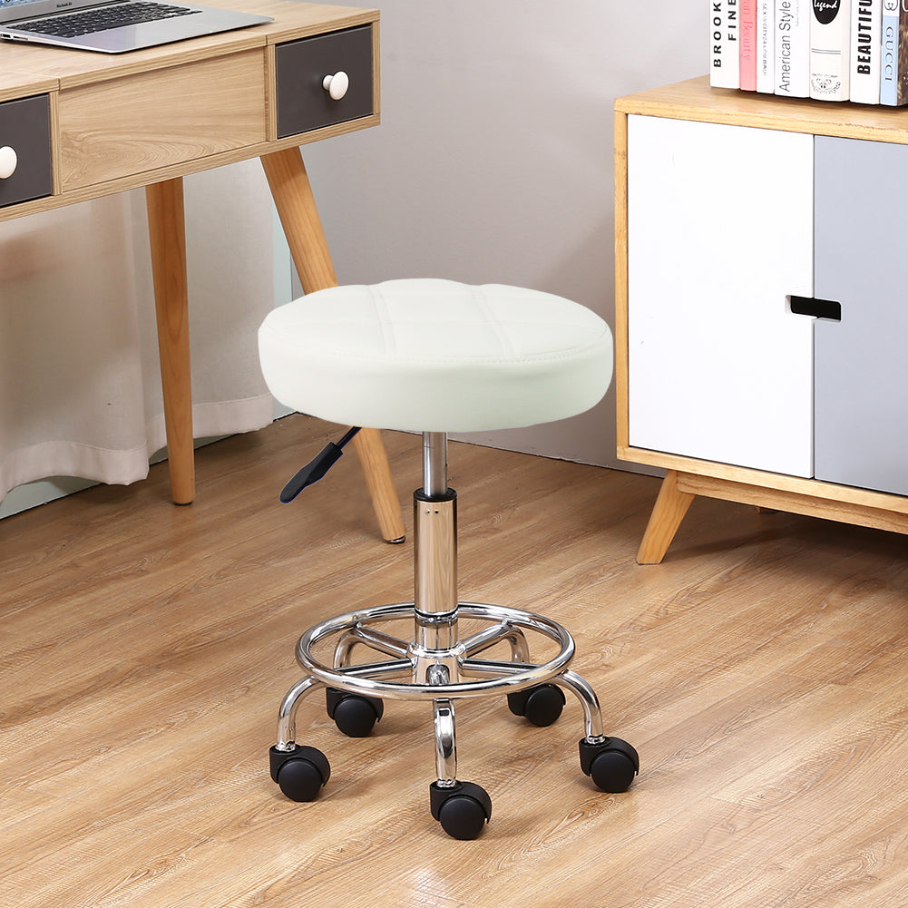 KKTONER Round Rolling Stool Chair PU Leather Height Adjustable Swivel Drafting Stools with Wheels Small (White)