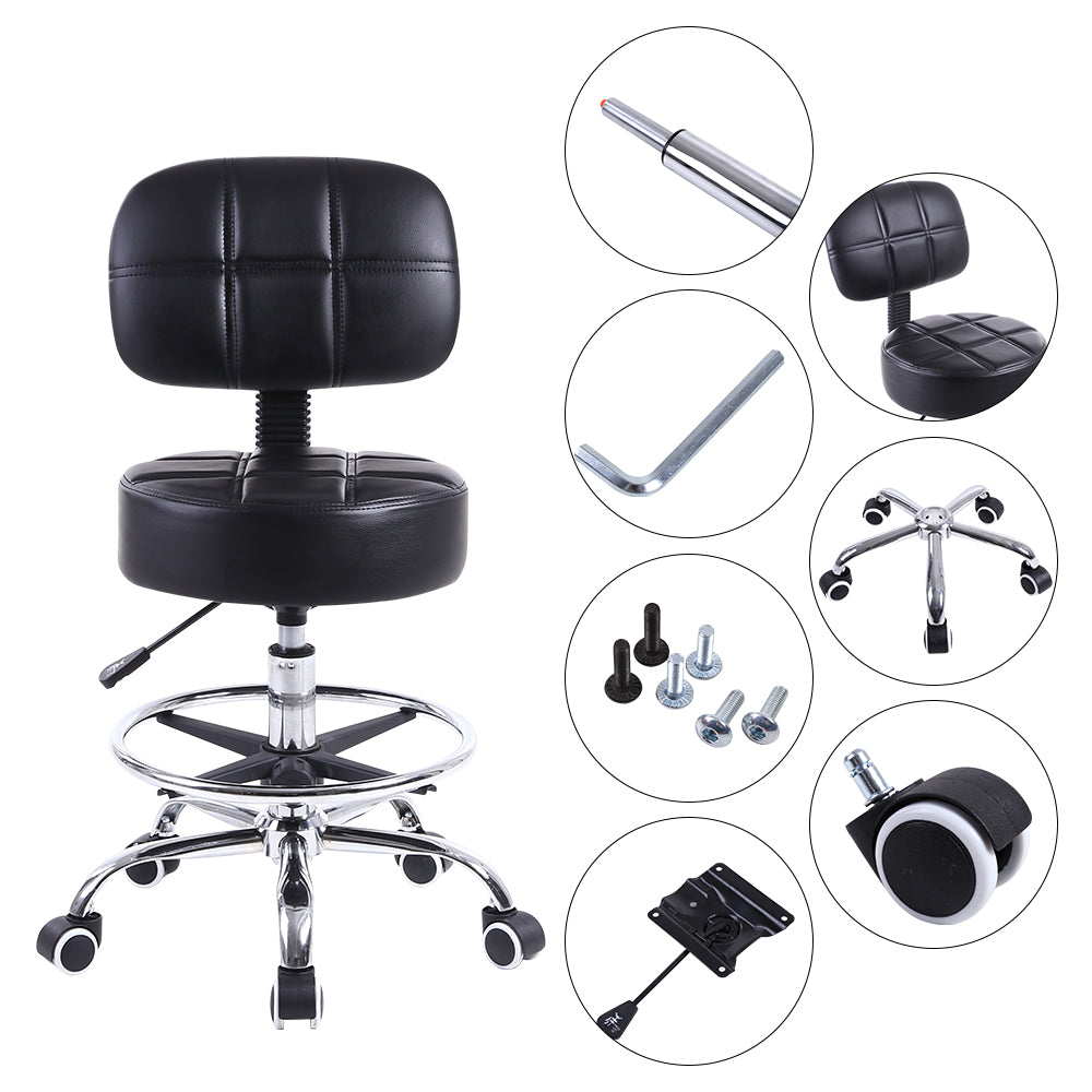 KKTONER Swivel Round Rolling Chair PU Leather with Adjustable Footrest Height Adjustable Task Work Drafting Chair with Back Black