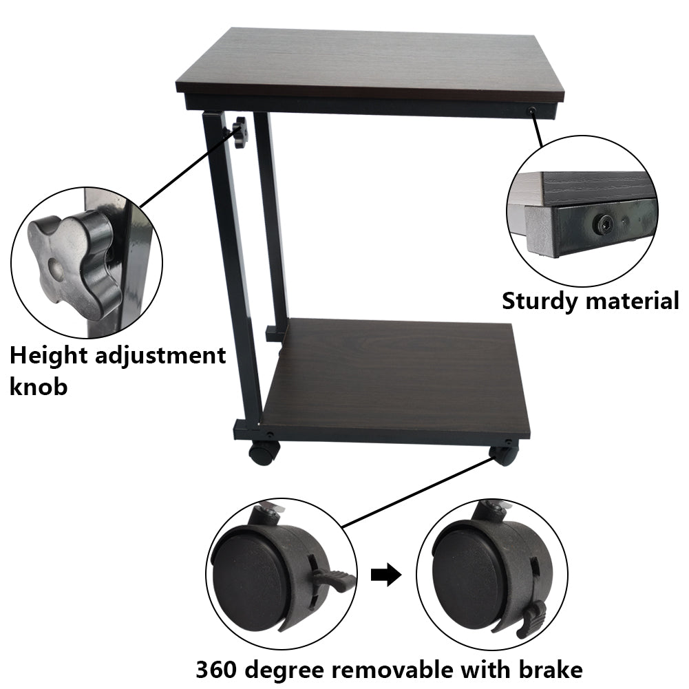 KKTONER Sofa Side Table Slide Under Height Adjustable Wooden Laptop Table with Wheels Walnut Color