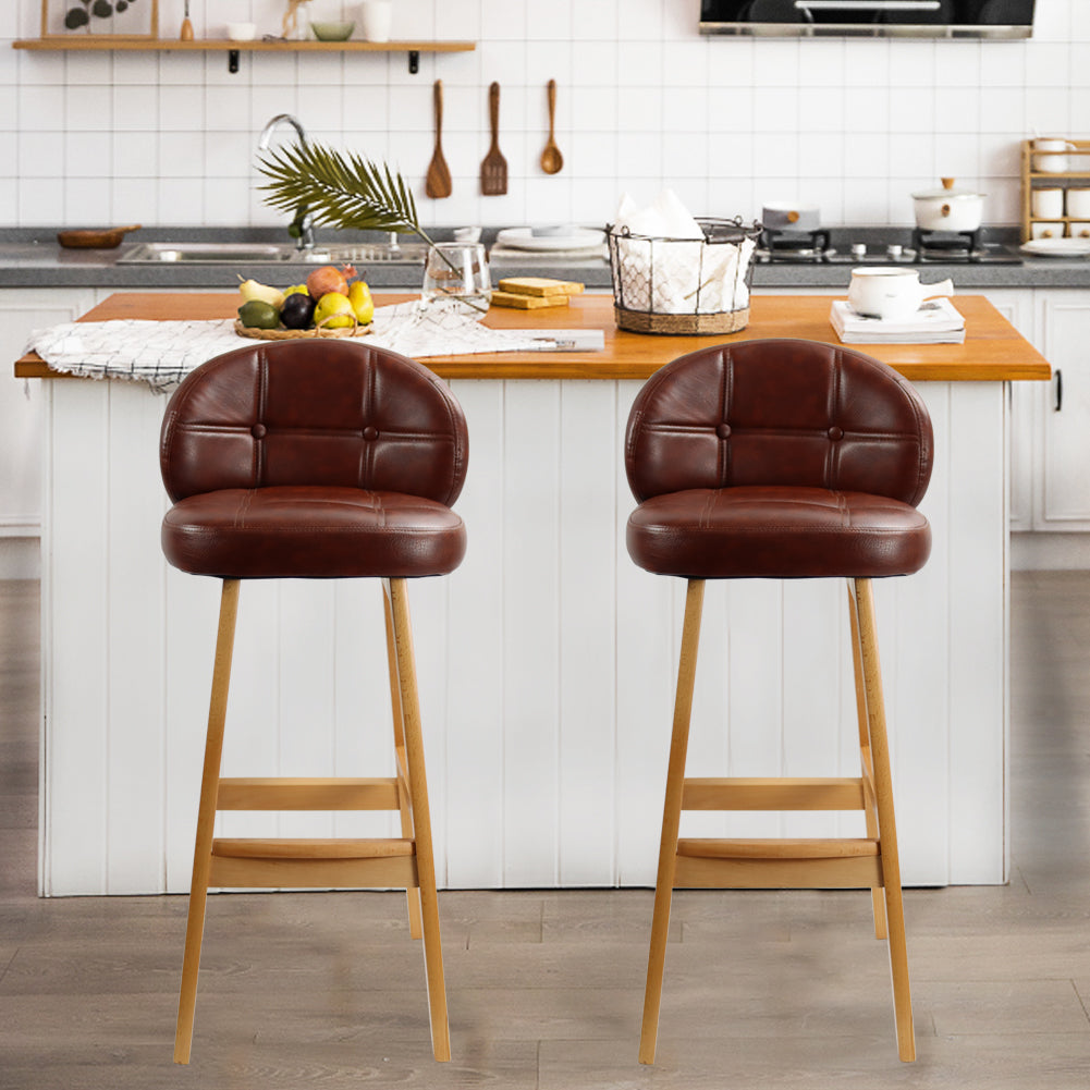 KKTONER PU Leather Bar Stool Retro Solid Wood Industrial Style Kitchen Stool Pub Chair Counter Stool with Low Back (Brown)