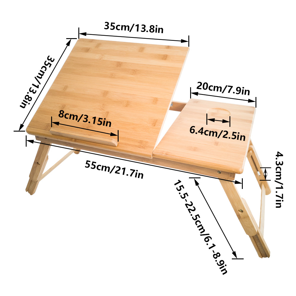 KKTONER Laptop Stand Lap Desk Table with Adjustable Leg 100% Bamboo Foldable Breakfast Serving Bed Tray (Flat)