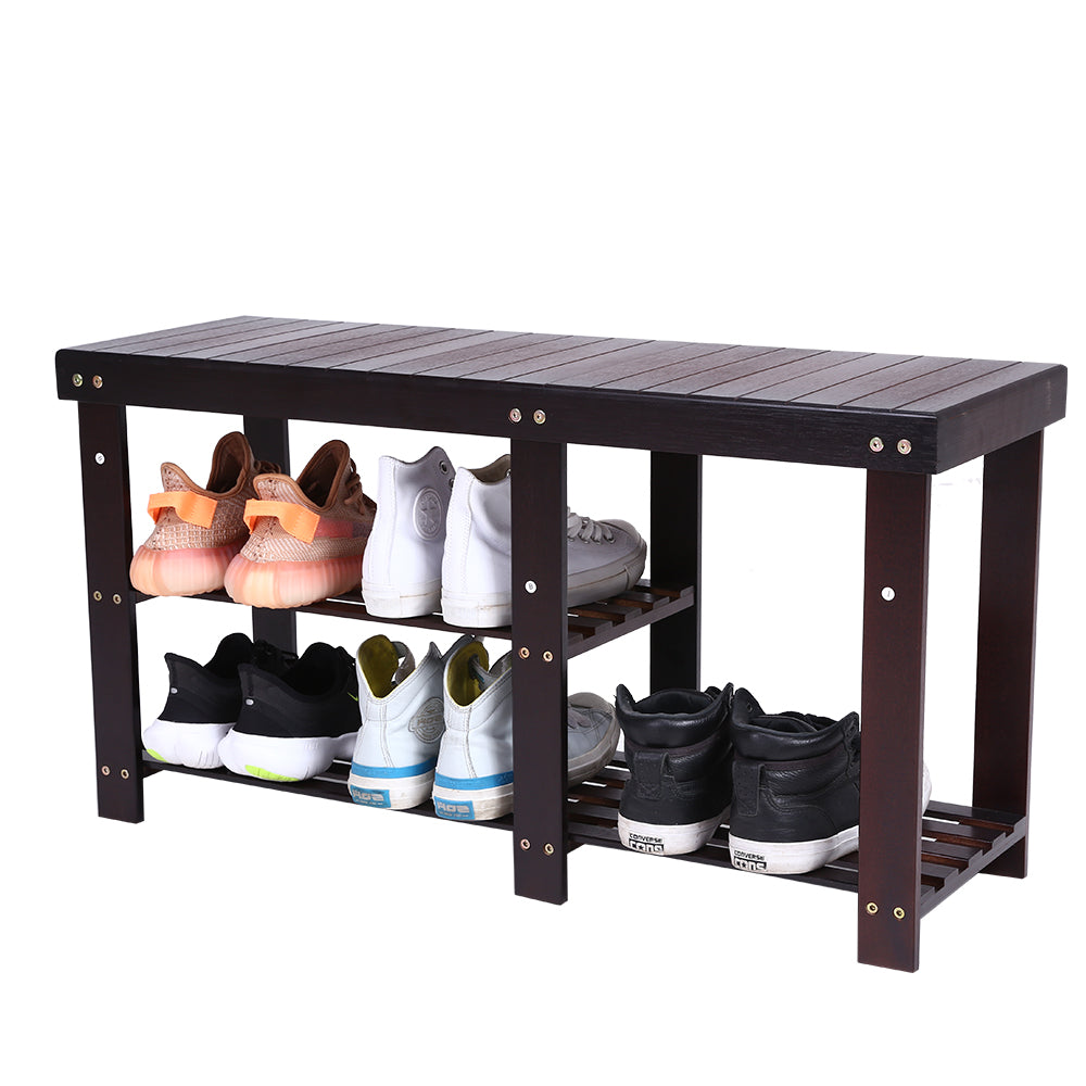 KKTONER Bamboo Shoe Rack 2 Tiers Shoe Bench Bathroom Storage Organizer Shelf (Dark Brown)