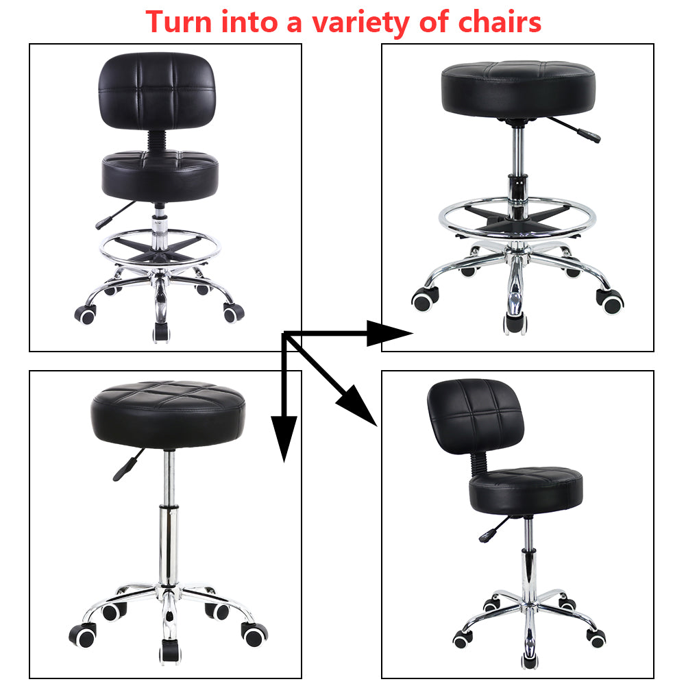 KKTONER Swivel Round Rolling Chair PU Leather with Adjustable Footrest Height Adjustable Task Work Drafting Chair with Back Black