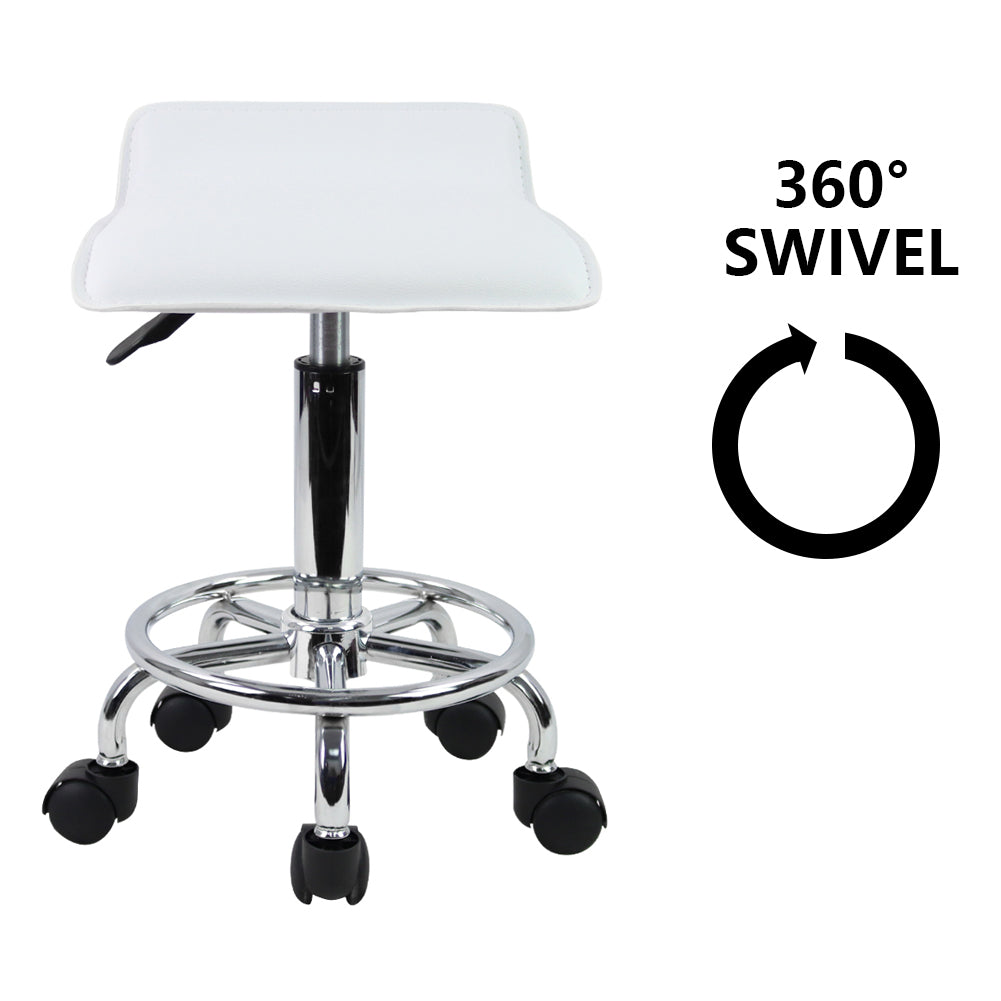 KKTONER Square Height Adjustable Rolling Stool with Foot Rest PU Leather Seat Spa Drafting Salon Tattoo Workstation Swivel Office Stools Small (White)