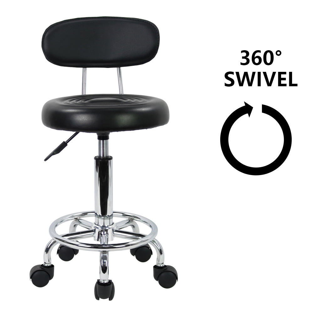 KKTONER Small PU Leather Modern Rolling Stool with Low Back Height Adjustable Work Salon Drafting Swivel Task Small Chair with Footrest (Black)