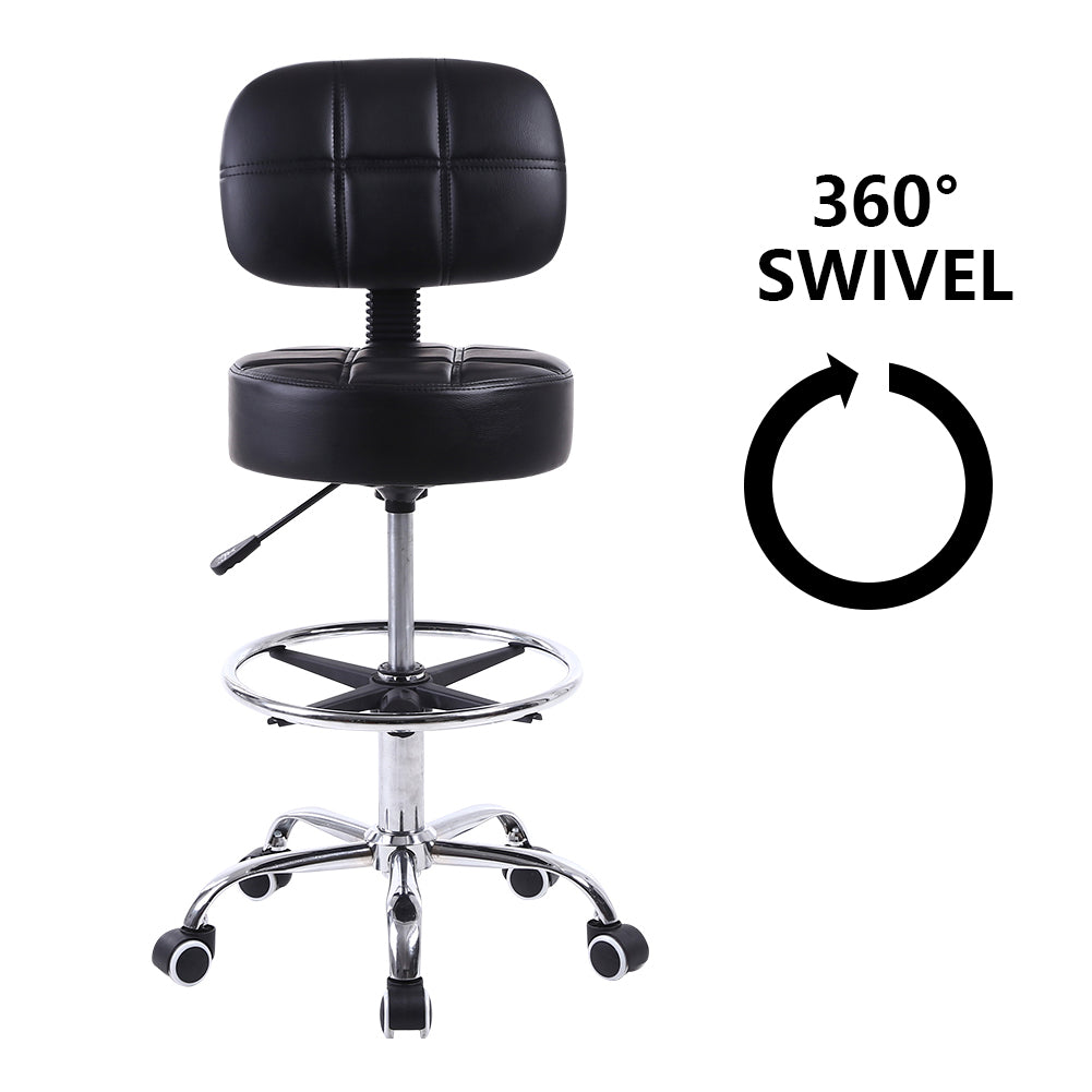 KKTONER Swivel Round Rolling Chair PU Leather with Adjustable Footrest Height Adjustable Task Work Drafting Chair with Back Black