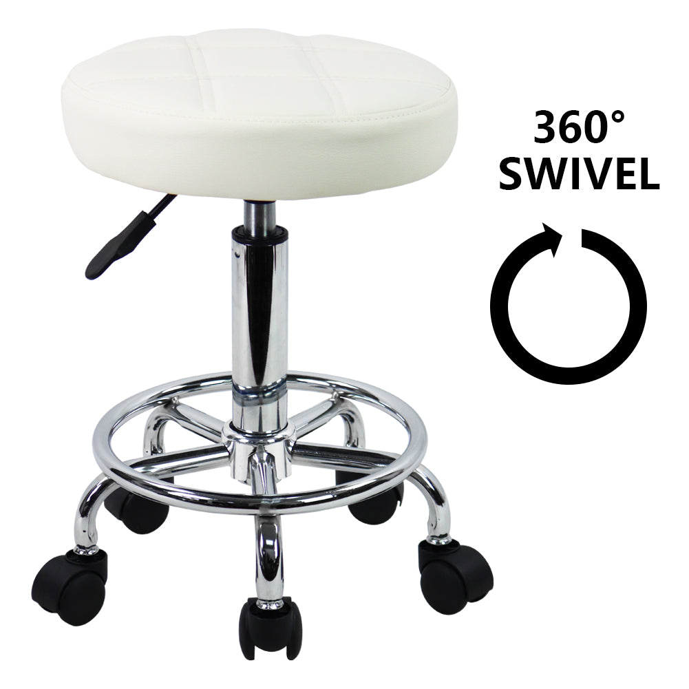 KKTONER Round Rolling Stool Chair PU Leather Height Adjustable Swivel Drafting Stools with Wheels Small (White)