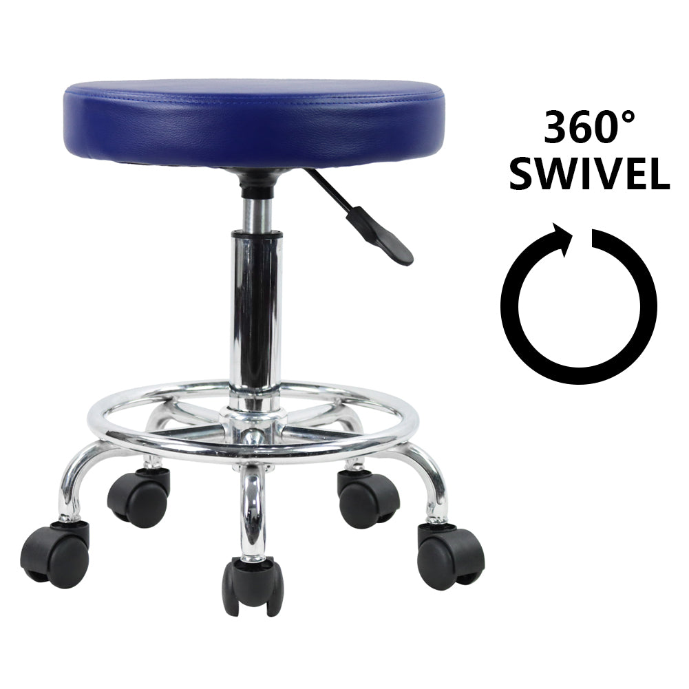 KKTONER PU Leather Round Rolling Stool with Foot Rest Swivel Height Adjustment Tattoo Stools Blue