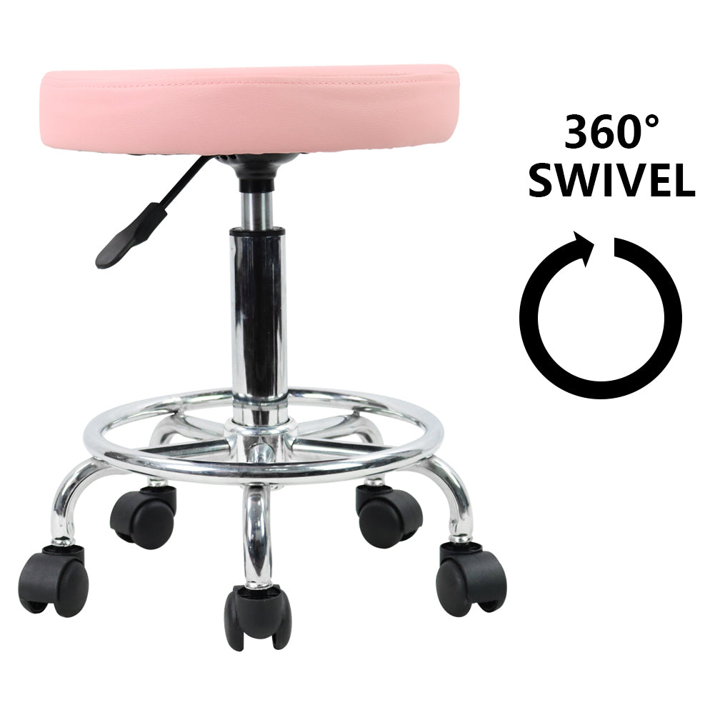 KKTONER PU Leather Round Rolling Stool with Foot Rest Swivel Height Adjustment Tattoo Stools Pink