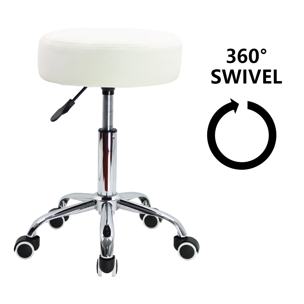 KKTONER Round Rolling Stool PU Leather Height Adjustable Swivel Salon Stools with Wheels White