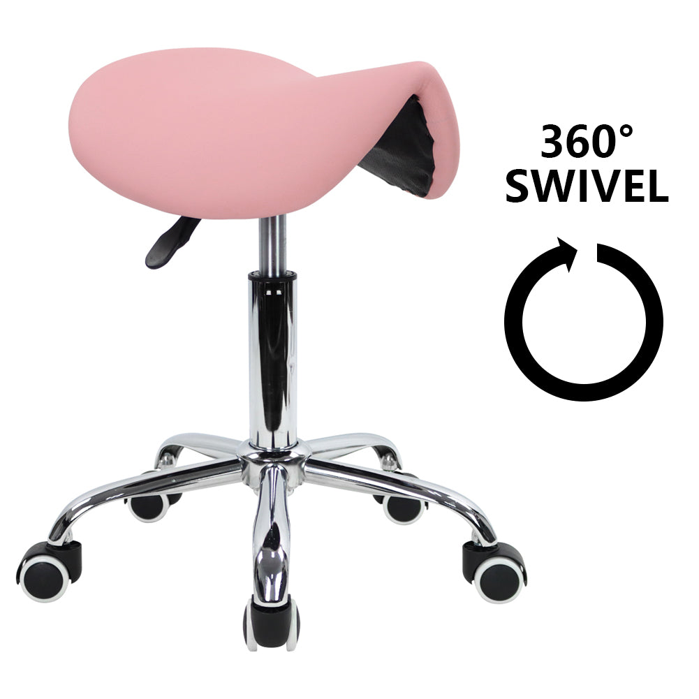 KKTONER Rolling Saddle Stool PU Leather Swivel Adjustable Rolling Stool with Wheels Salon Chair (Pink)