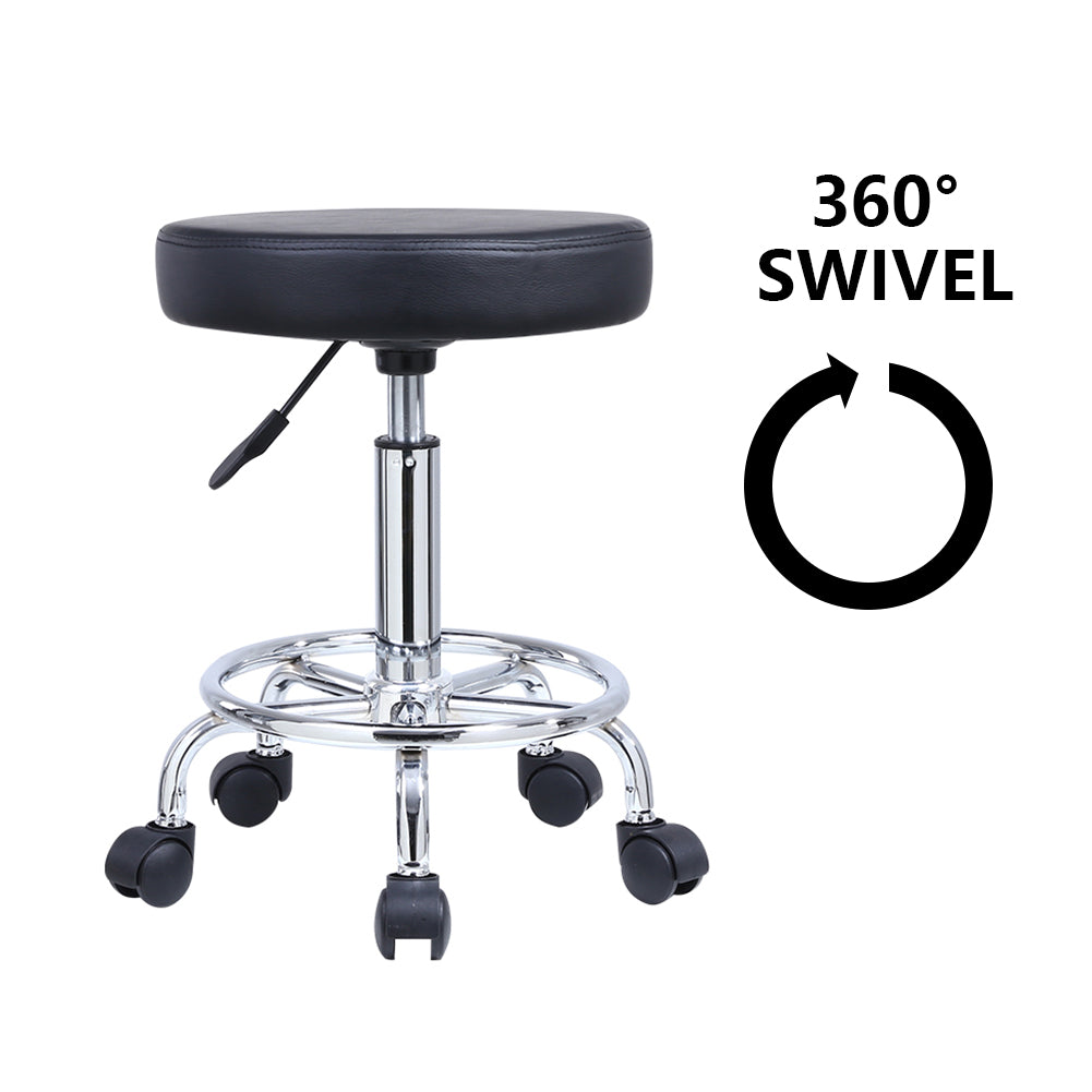 KKTONER PU Leather Round Rolling Stool with Foot Rest Swivel Height Adjustment Tattoo Stools Black