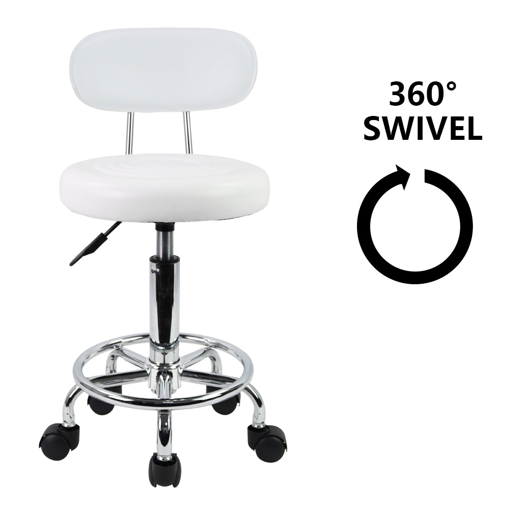 KKTONER Small PU Leather Modern Rolling Stool with Low Back Height Adjustable Work Salon Drafting Swivel Task Small Chair with Footrest (White)