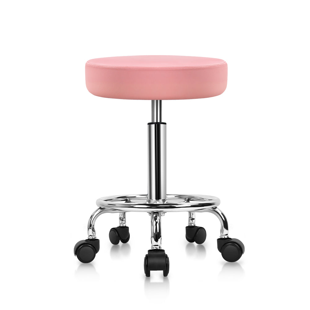 KKTONER PU Leather Round Rolling Stool with Foot Rest Swivel Height Adjustment Tattoo Stools Pink