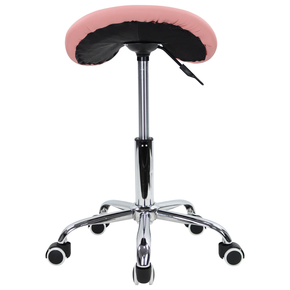 KKTONER Rolling Saddle Stool PU Leather Swivel Adjustable Rolling Stool with Wheels Salon Chair (Pink)