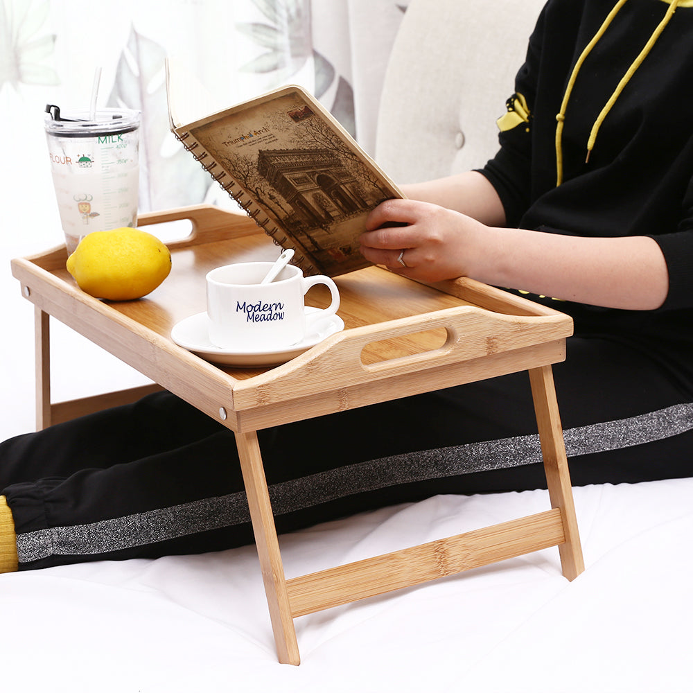 KKTONER Bamboo Bed Tray Table with Folding Legs Foldable Laptop Stand Breakfast Tray Natural