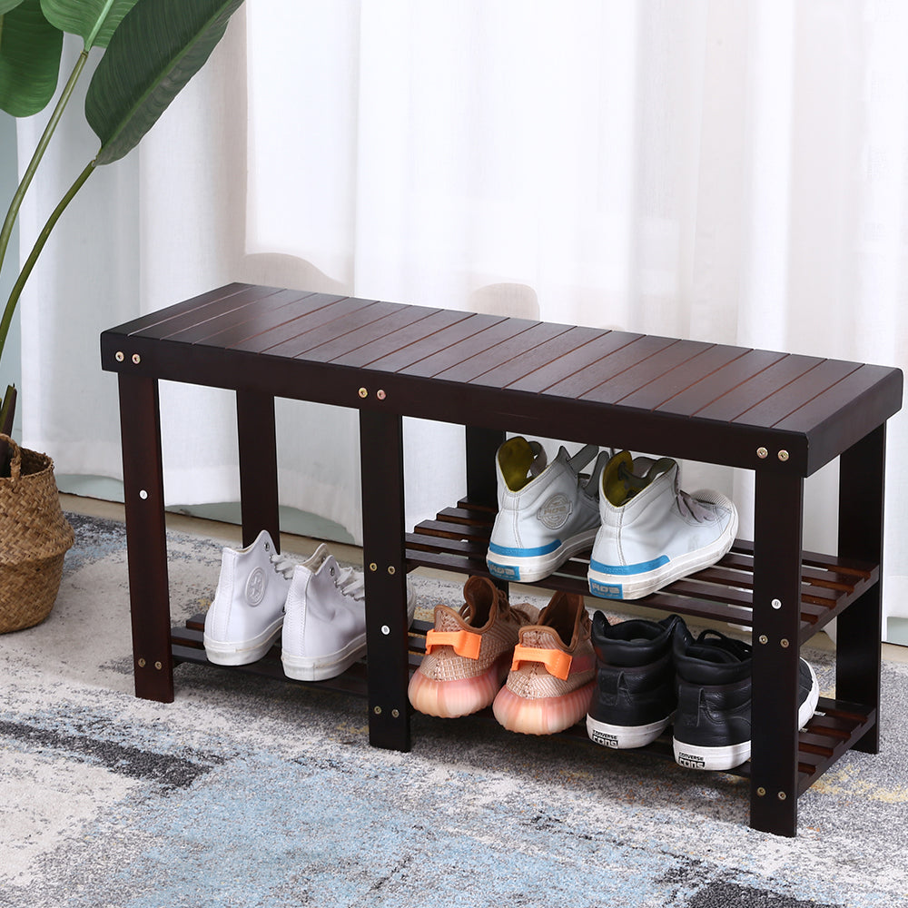 KKTONER Bamboo Shoe Rack 2 Tiers Shoe Bench Bathroom Storage Organizer Shelf (Dark Brown)