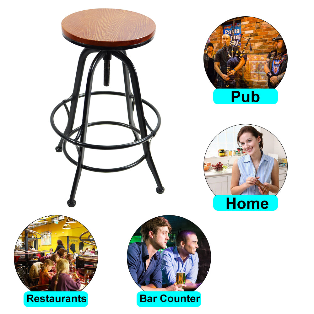 KKTONER Vintage Industrial Style Retro Metal Wood Bar Stool Height Adjustable Kitchen Club High Stool with Footrest