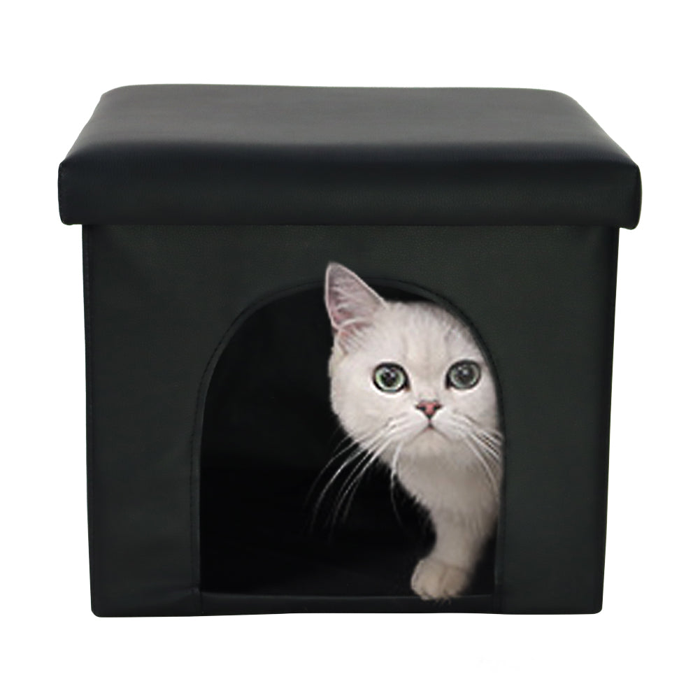 KKTONER Faux Leather Foldable Storage Ottoman Cuboid Cat House Toy Box Chest Foot Stool Folding Stool 14" x12'' x12''