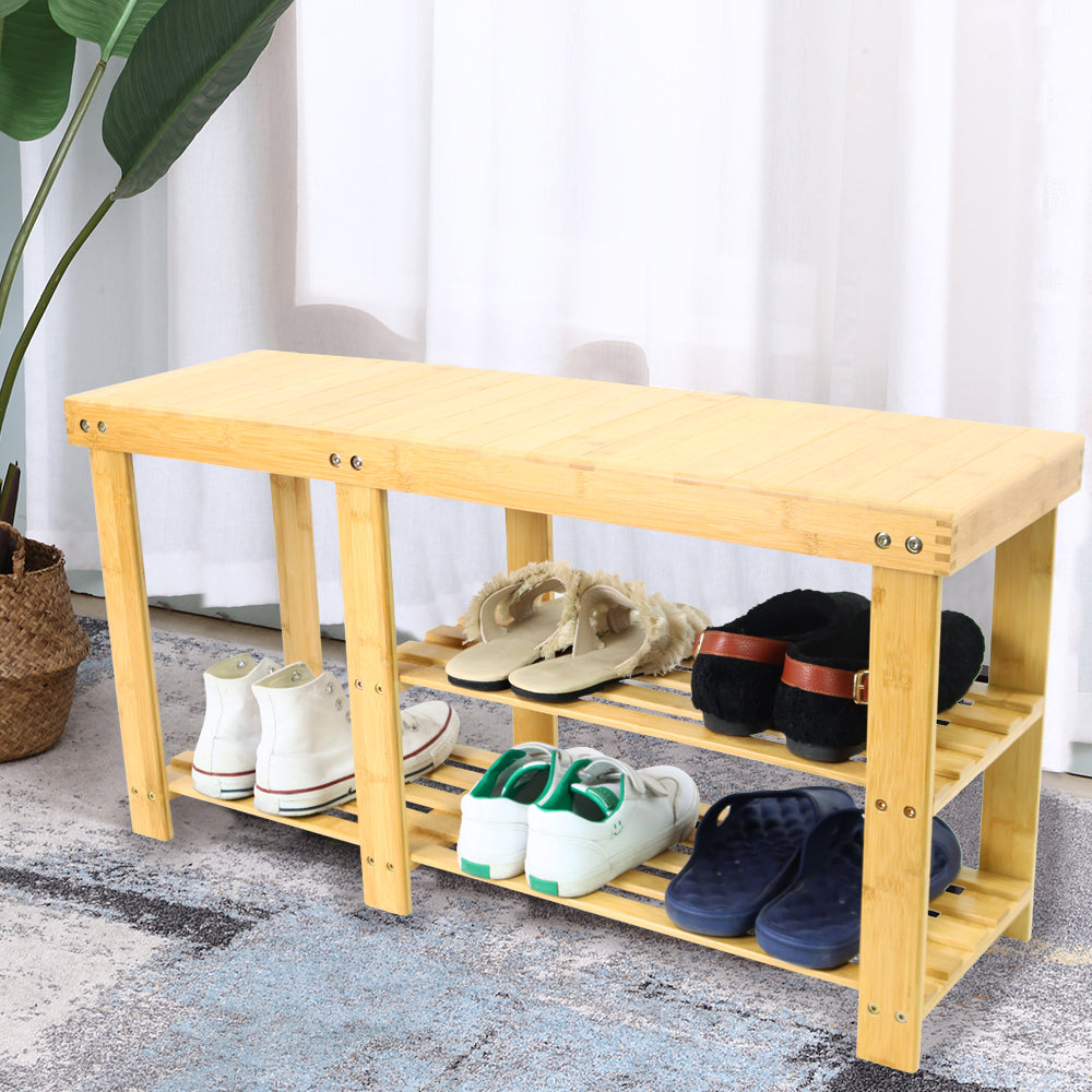 KKTONER Bamboo Shoe Rack 2 Tiers Shoe Bench Bathroom Storage Organizer Shelf (Natural)