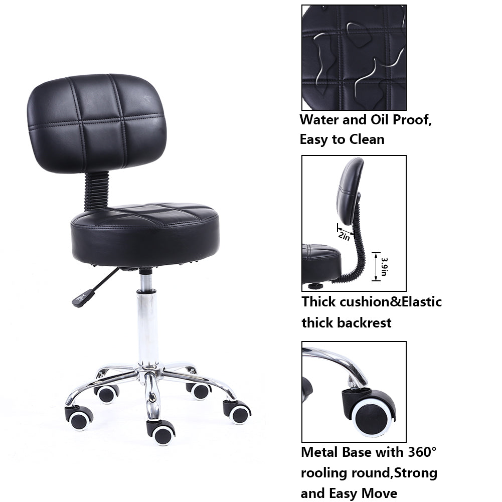 KKTONER Round Rolling Chair with Back PU Leather Height Adjustable Swivel Drafting Salon Stools Black