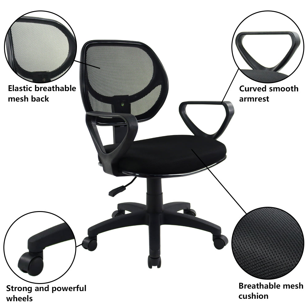 KKTONER Mesh Office Chair with Mid-Back Swivel Height Adjustable Computer Home Desk Ergonomic Chair with Armrest (Black)