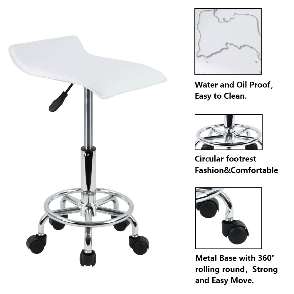 KKTONER Square Height Adjustable Rolling Stool with Foot Rest PU Leather Seat Spa Drafting Salon Tattoo Workstation Swivel Office Stools Small (White)