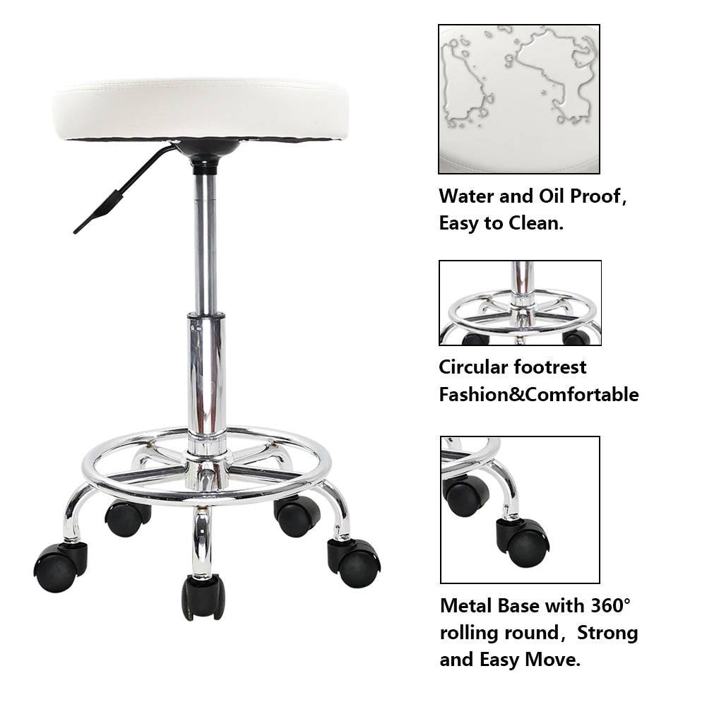 KKTONER PU Leather Round Rolling Stool with Foot Rest Swivel Height Adjustment Tattoo Stools White