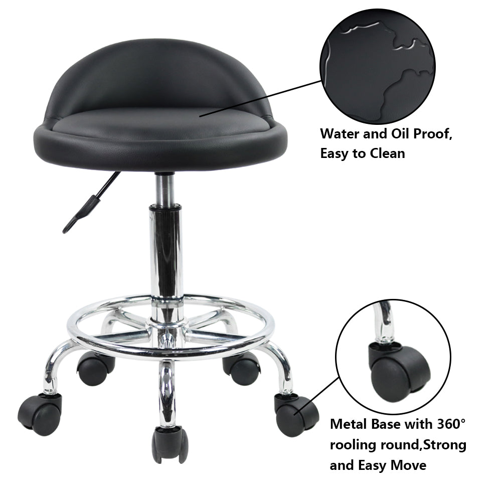 KKTONER PU Leather Rolling Stool with Low Backrest Desk Chair Home Office stool Black