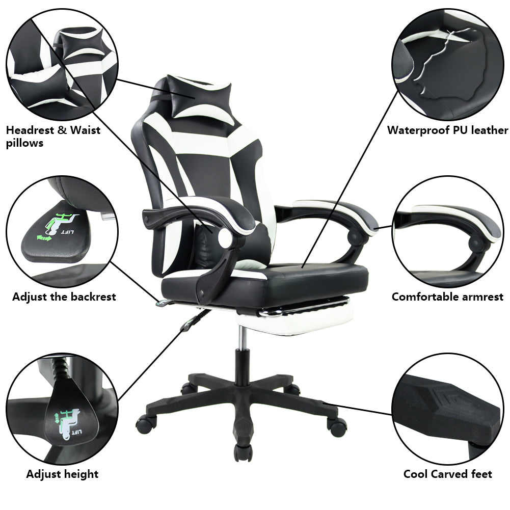 KKTONER Ergonomic Gaming Chair Executive Office Chair for E-Sport Racing Swivel Height Adjustable with Armrest (White)