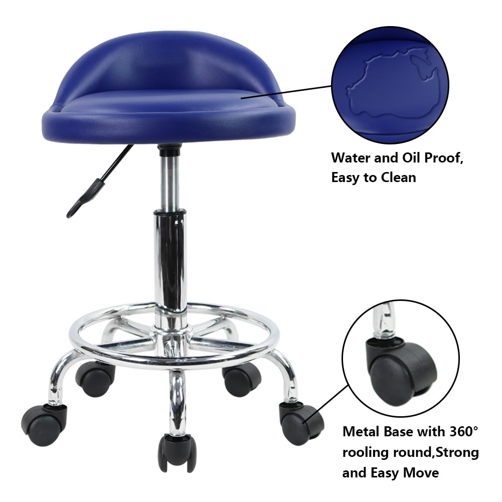 KKTONER PU Leather Rolling Stool with Low Backrest Desk Chair Home Office stool Blue