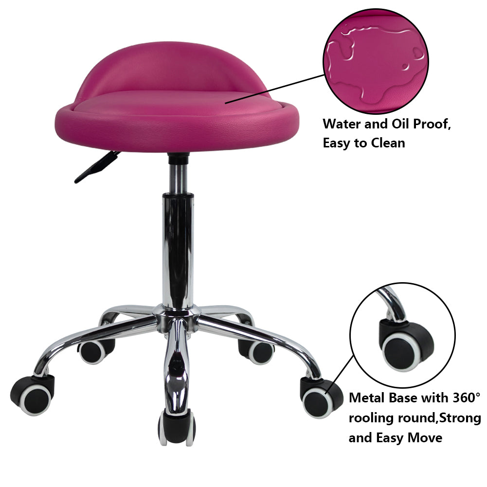 KKTONER PU Leather Rolling Stool with Low Backrest Desk Chair Home Office stool (Rose Red)