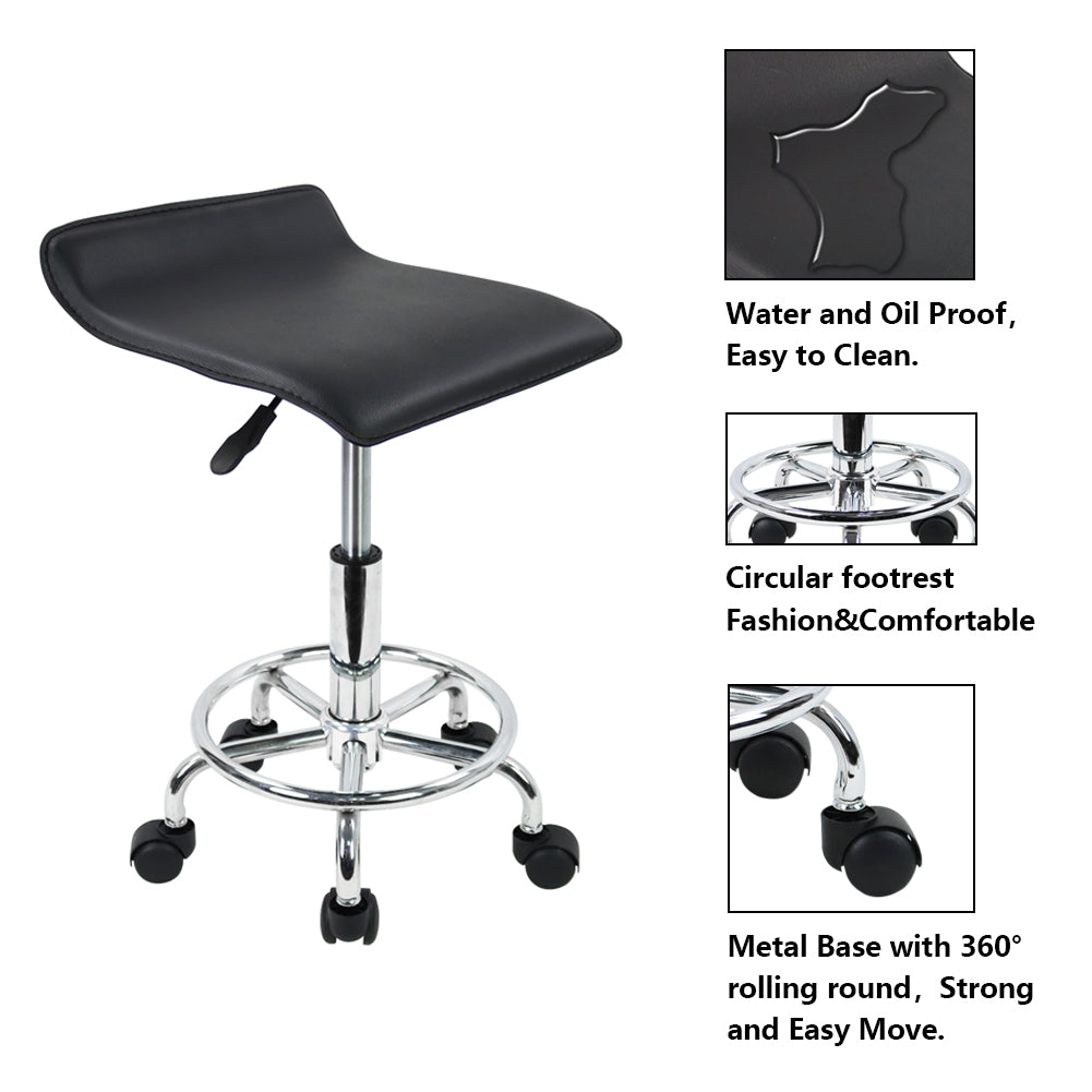 KKTONER Square Rolling Stool PU Leather Height Adjustable Swivel Massage SPA Salon Stools Task Chair with Wheels Black