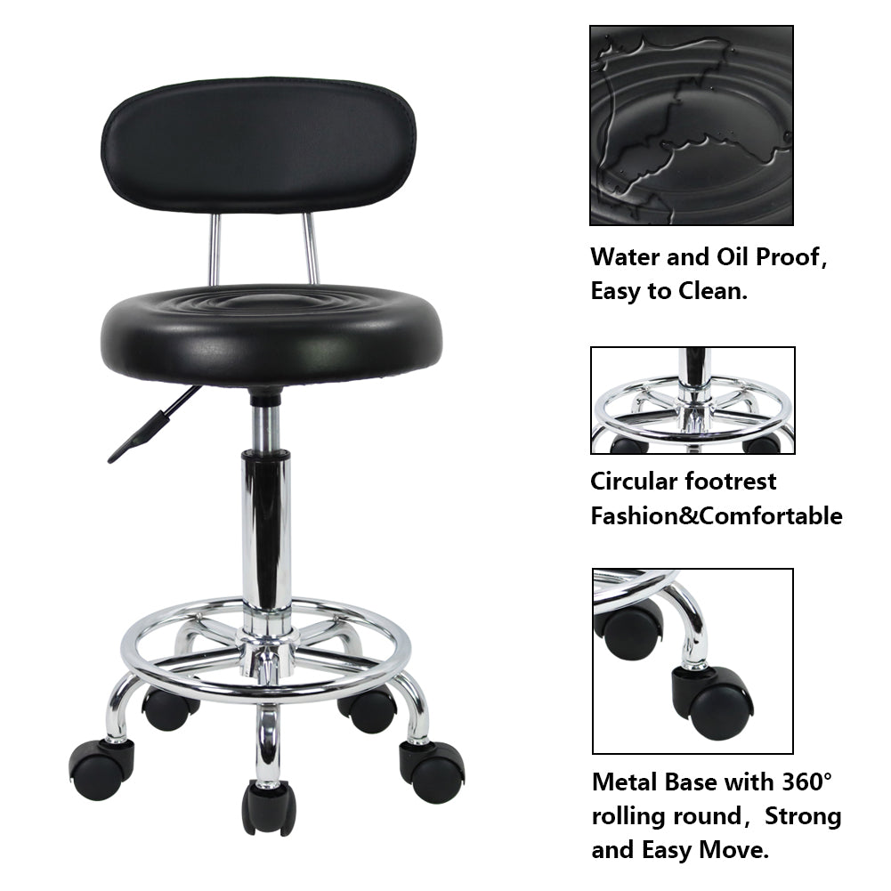 KKTONER Small PU Leather Modern Rolling Stool with Low Back Height Adjustable Work Salon Drafting Swivel Task Small Chair with Footrest (Black)