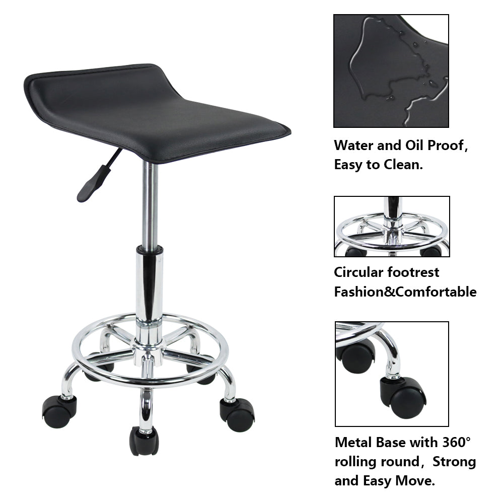 KKTONER Square Height Adjustable Rolling Stool with Foot Rest PU Leather Seat Spa Drafting Salon Tattoo Workstation Swivel Office Stools Small (Black)