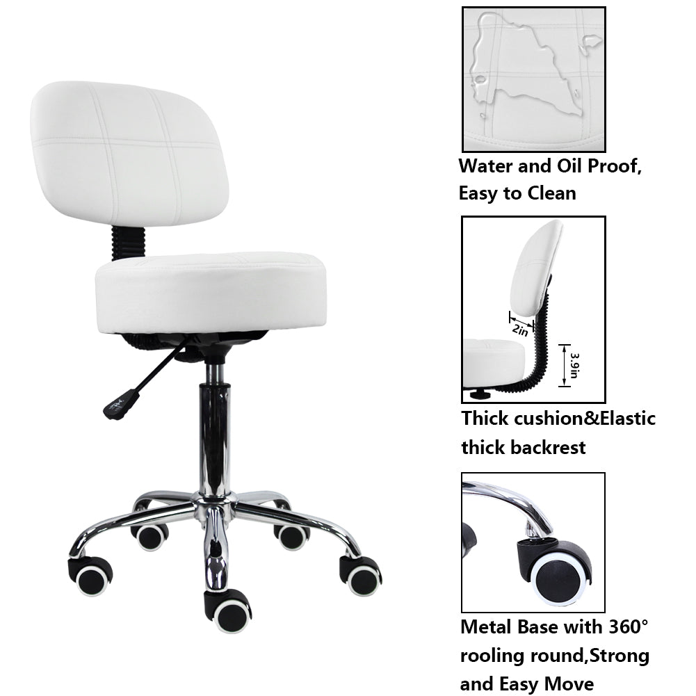 KKTONER Round Rolling Chair with Back PU Leather Height Adjustable Swivel Drafting Salon Stools White