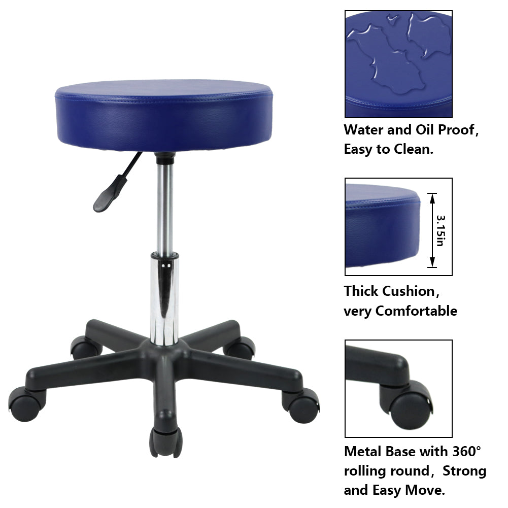 KKTONER Round Rolling Stool PU Leather Height Adjustable Swivel Work SPA Medical Salon Chair Blue