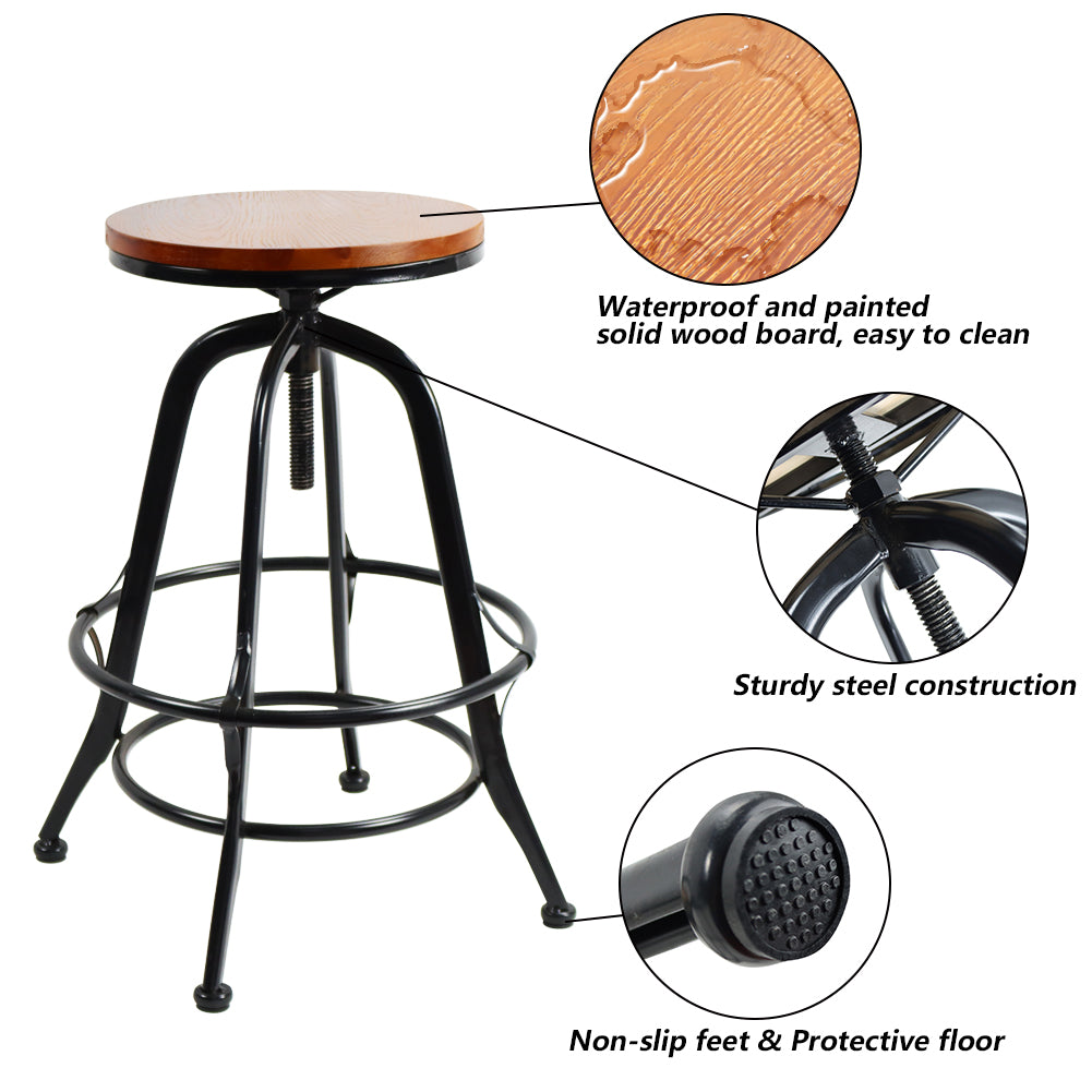 KKTONER Vintage Industrial Style Retro Metal Wood Bar Stool Height Adjustable Kitchen Club High Stool with Footrest