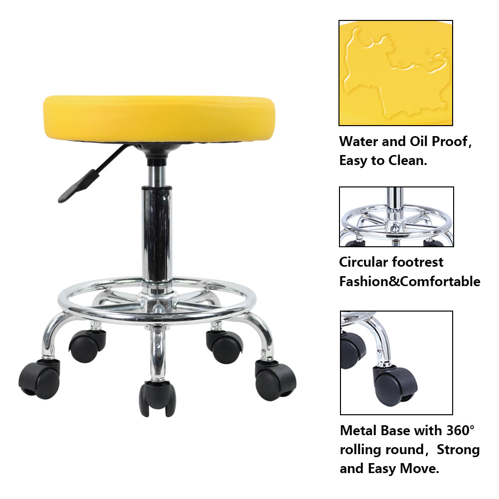 KKTONER PU Leather Round Rolling Stool with Foot Rest Swivel Height Adjustment Tattoo Stools Yellow