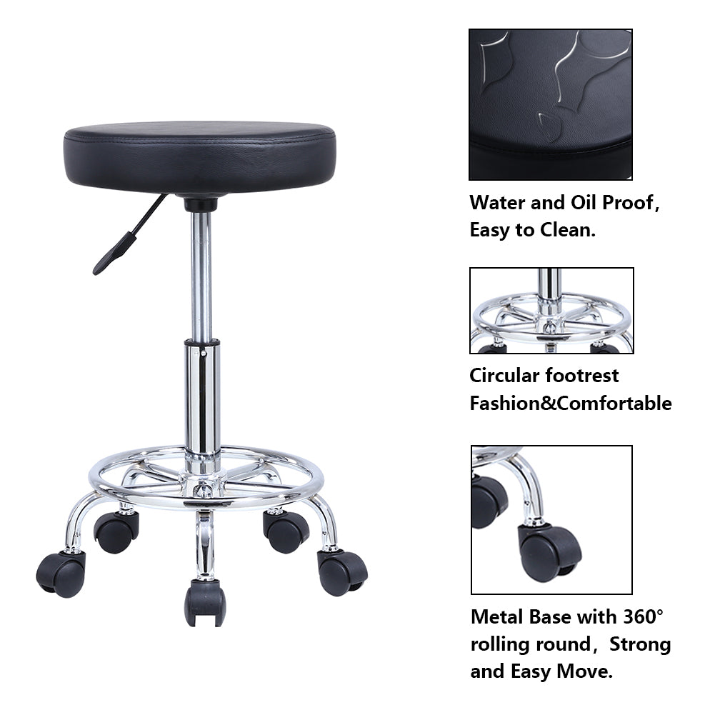 KKTONER PU Leather Round Rolling Stool with Foot Rest Swivel Height Adjustment Tattoo Stools Black