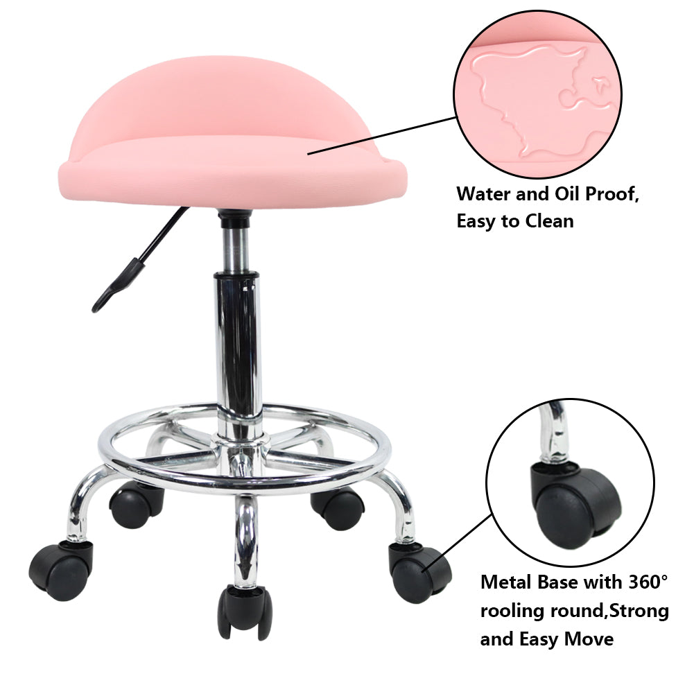 KKTONER PU Leather Rolling Stool with Low Backrest Desk Chair Home Office stool Pink