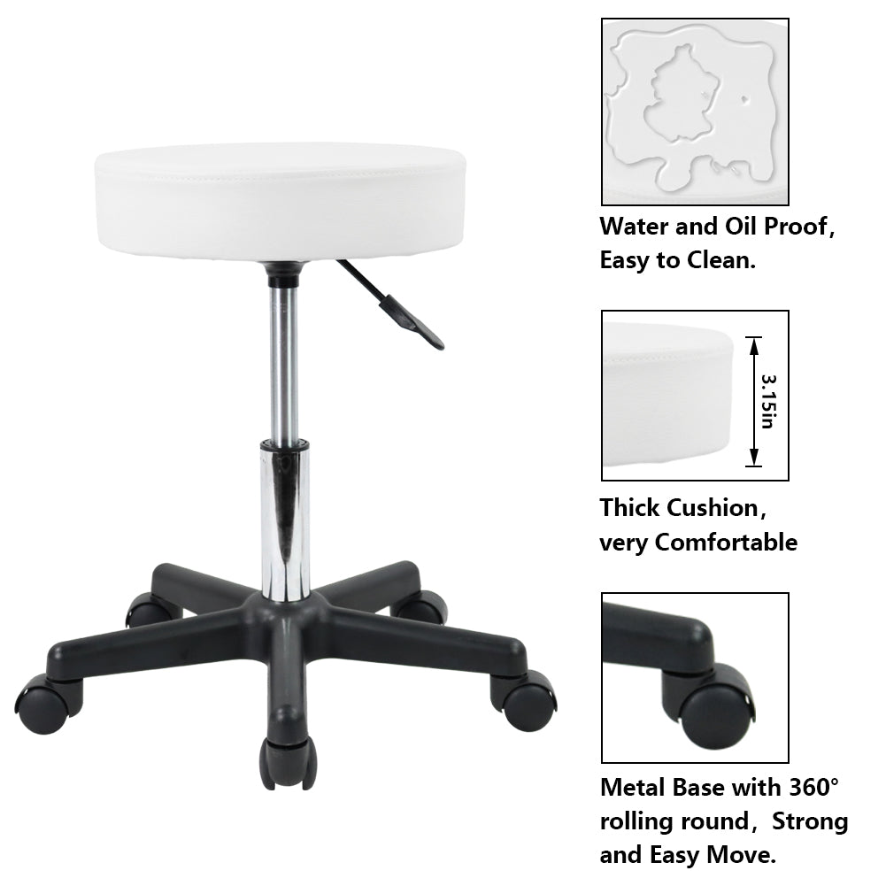 KKTONER Round Rolling Stool PU Leather Height Adjustable Swivel Work SPA Medical Salon Chair White