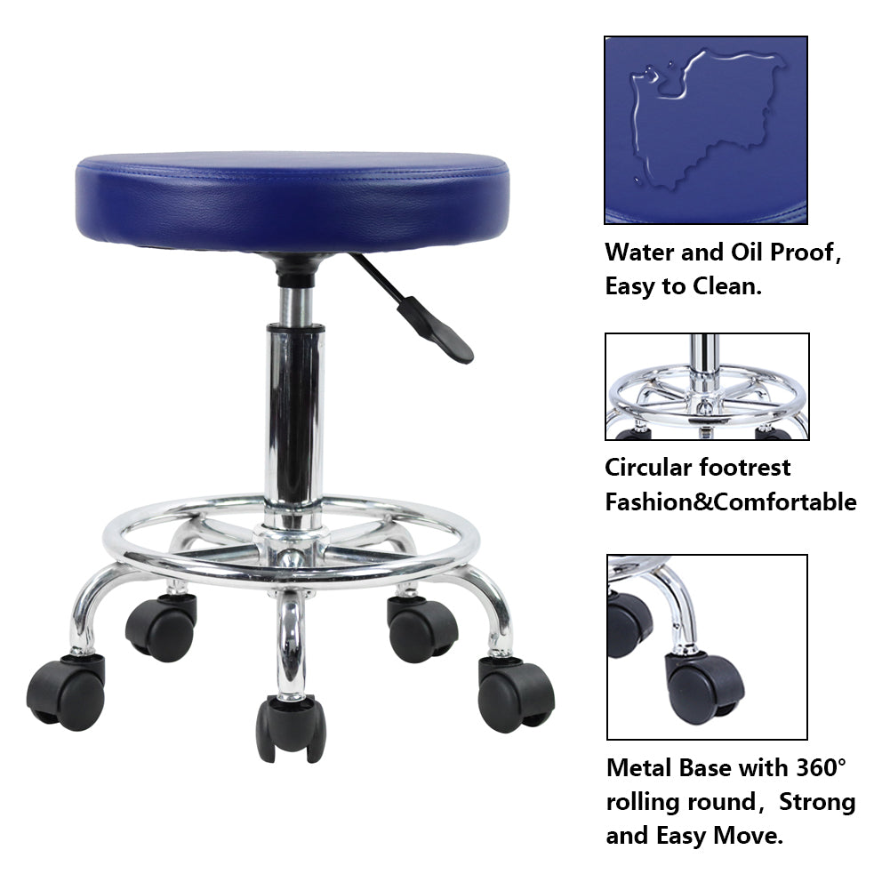 KKTONER PU Leather Round Rolling Stool with Foot Rest Swivel Height Adjustment Tattoo Stools Blue