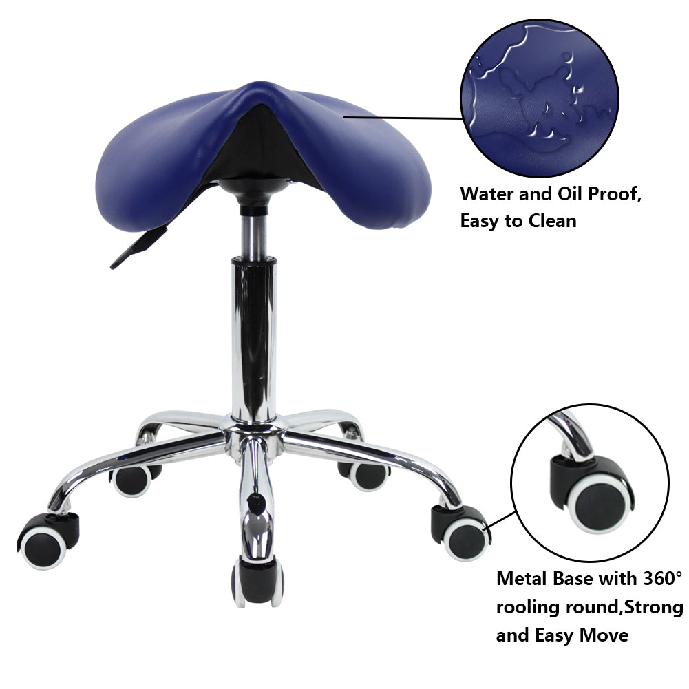 KKTONER  PU Leather Saddle Stool Height Adjustable Swivel Rolling Stool with Wheels Blue