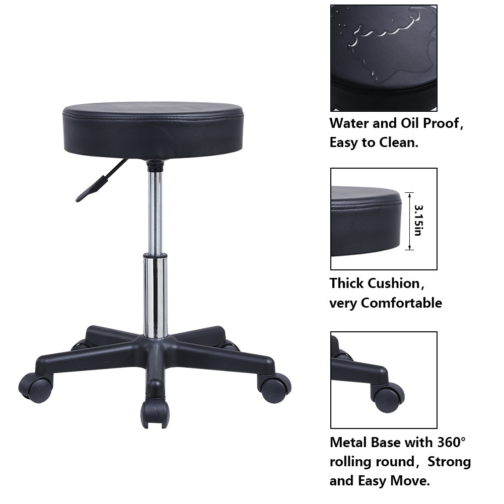 KKTONER Round Rolling Stool PU Leather Height Adjustable Swivel Work SPA Medical Salon Stool Black