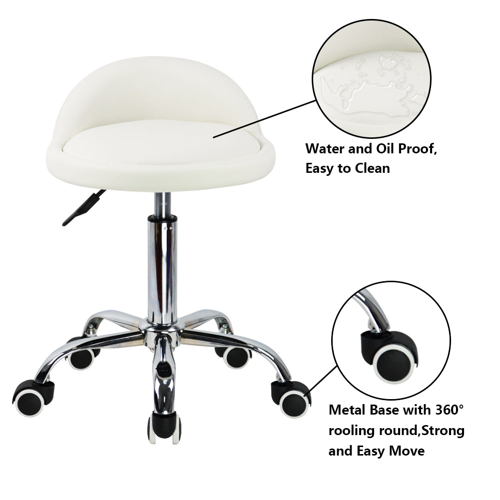 KKTONER PU Leather Rolling Stool with Low Backrest Desk Chair Home Office stool White