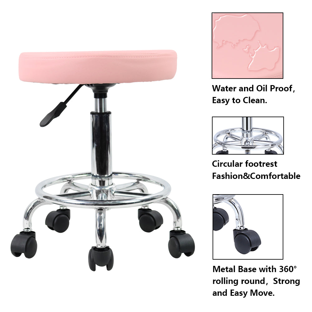 KKTONER PU Leather Round Rolling Stool with Foot Rest Swivel Height Adjustment Tattoo Stools Pink