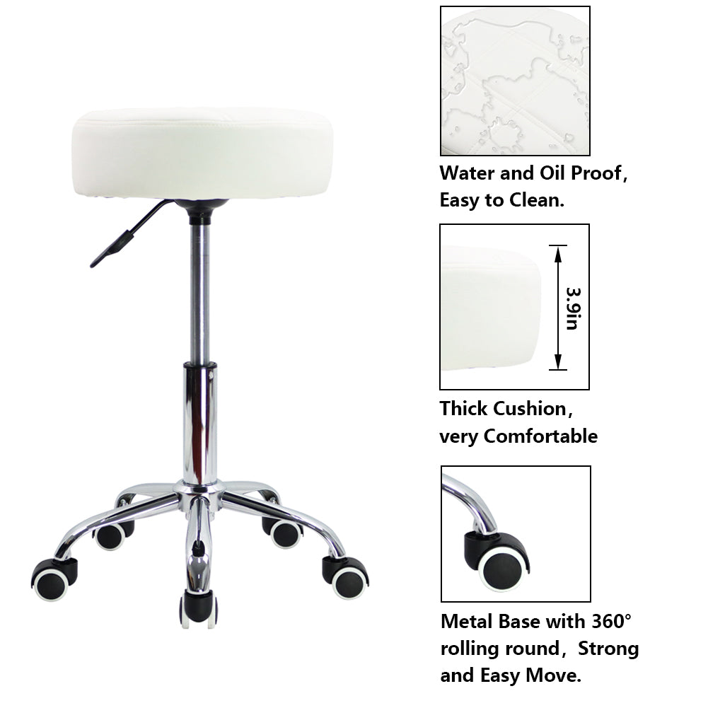 KKTONER Round Rolling Stool PU Leather Height Adjustable Swivel Salon Stools with Wheels White